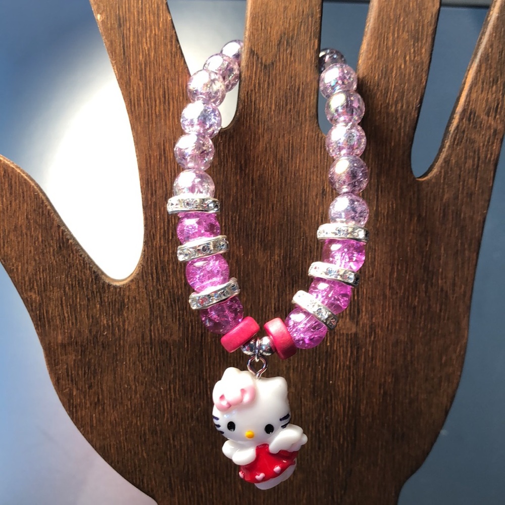 HAND CRAFTED jewelry purple pink clear glass beaded bracelet hello kitty charm - Picture 7 of 10